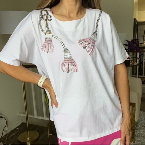 Leo & Ugo Paris White Pink Round Neck Embellished Women's Top Cap Sleeve Shirt L - Picture 4 of 11